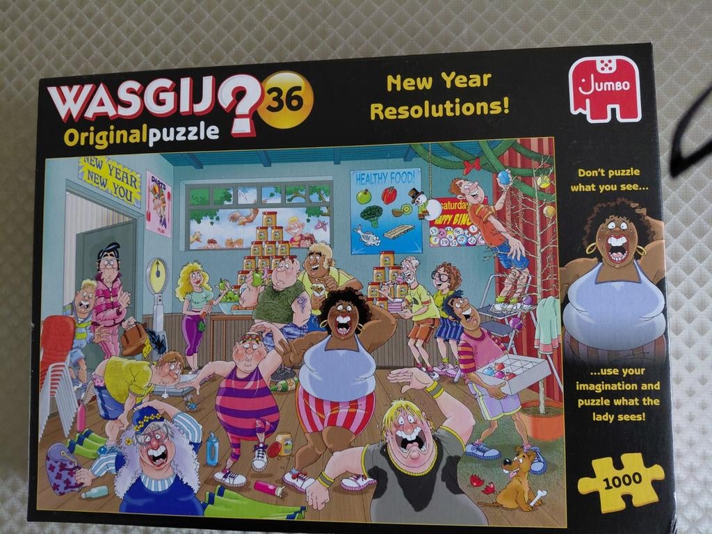 Wasgijpuzzel 36 Goede voornemens!, Ophalen of Verzenden, 500 t/m 1500 stukjes, Zo goed als nieuw