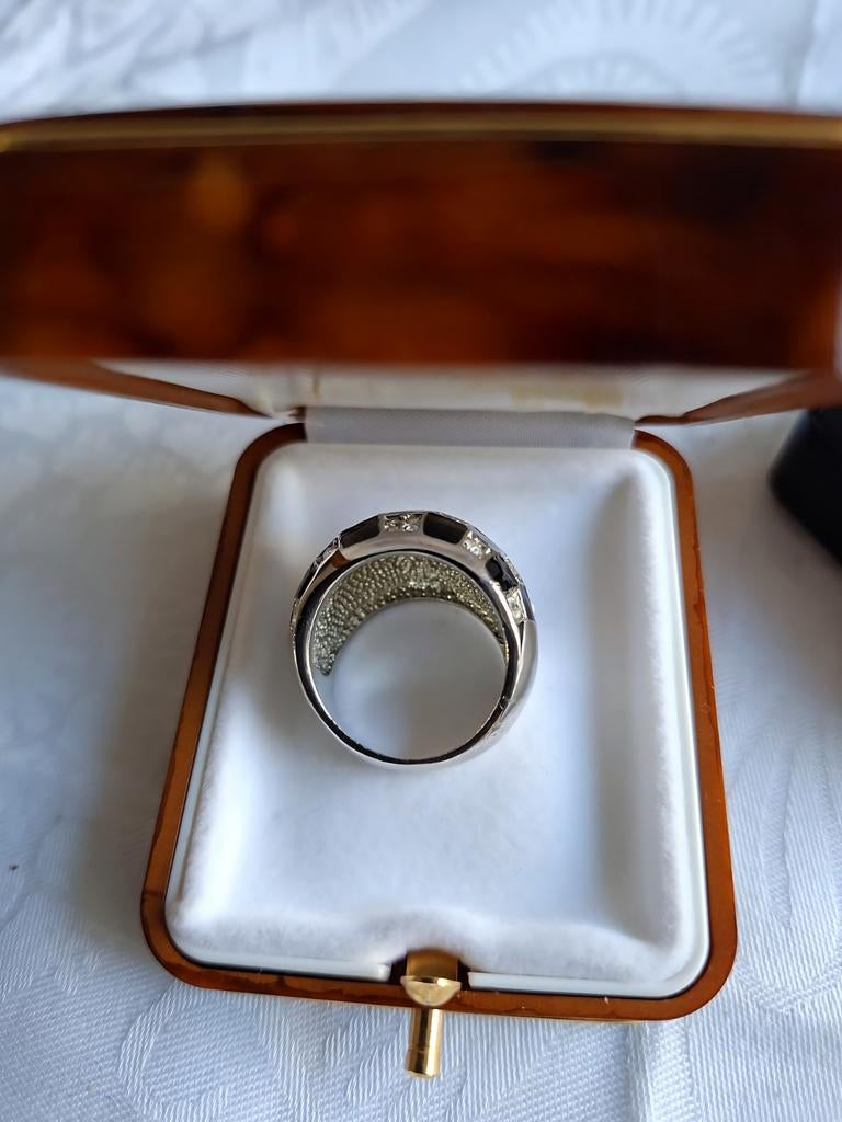 Ring met Onyx en Zirconia, Ophalen of Verzenden, Dame, Zilver, Overige materialen