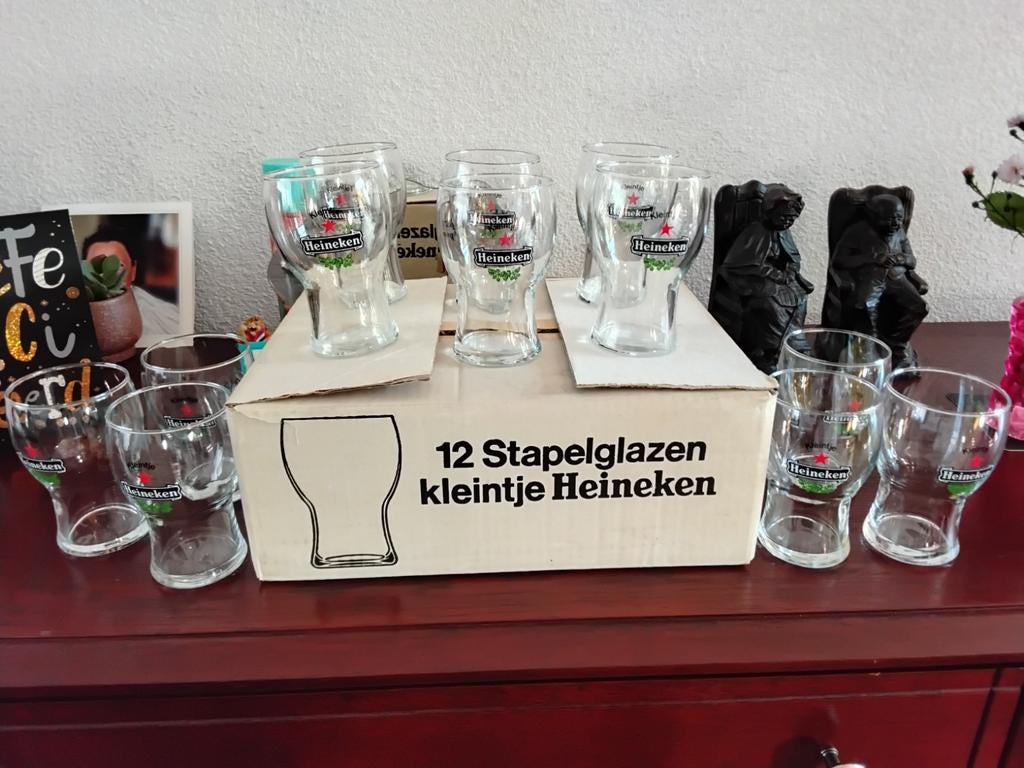 12 stapelglazen Heineken , originele doos, vintage, Verzamelen, Ophalen, Zo goed als nieuw, Heineken