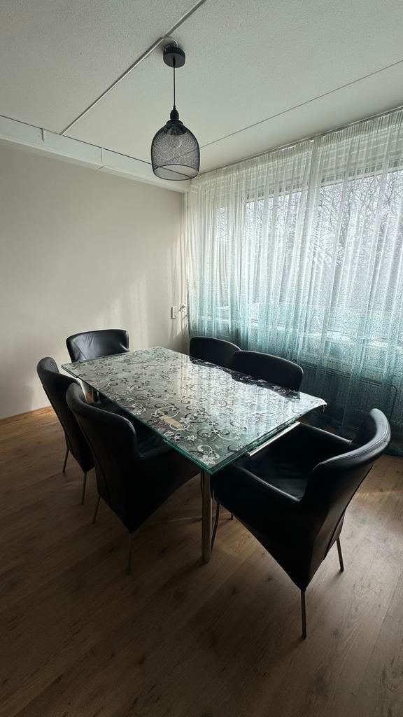 Eettafel met 6 stoelen - Glas en metaal - 160x70 cm, Gebruikt, Glas, Vijf personen of meer, 150 tot 200 cm