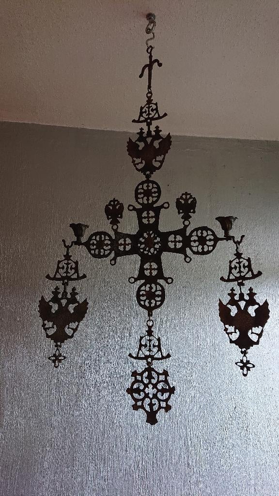 Byzantijnse kruis met dubbel koppige adelaar kandelaar, Antiek en Kunst, Antiek | Kandelaars, Ophalen, Koper of Brons