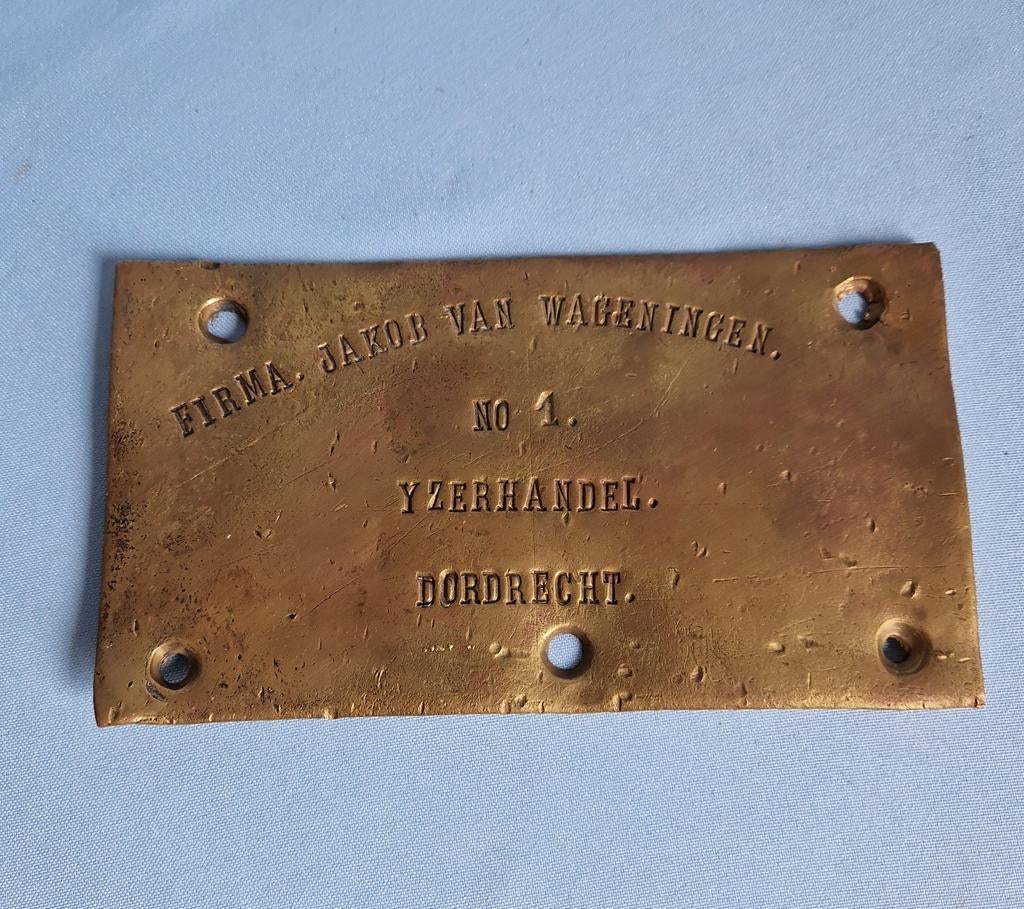 Antieke messing plaat Firma Jakob van Wageningen, Dordrecht, Ophalen of Verzenden