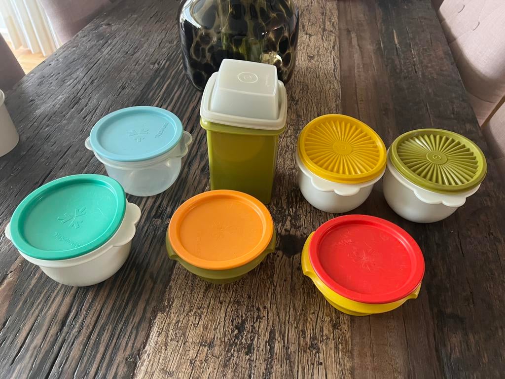 Tupperware 7x retro bewaartrommeltje, Ophalen of Verzenden, Zo goed als nieuw, Schaal