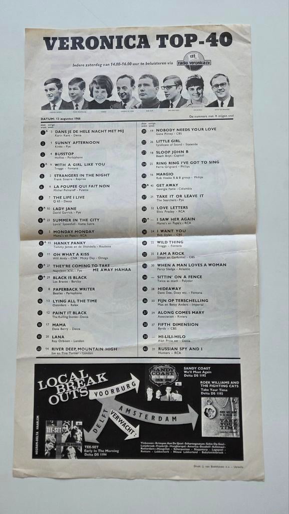 Radio Veronica Top 40 - 13 augustus 1966 - Top conditie, Verzenden, Zo goed als nieuw