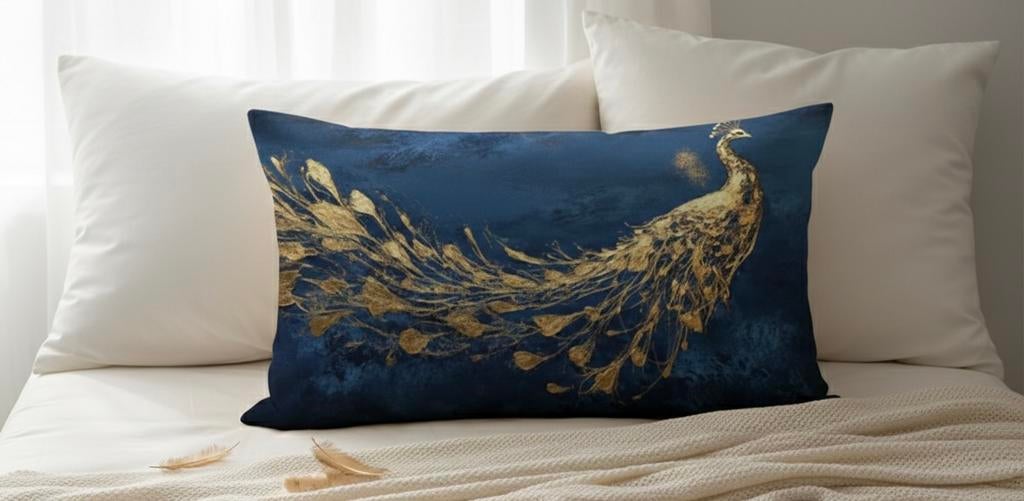 NIEUW !! Prachtig kussenhoesje met gouden pauw, Ophalen of Verzenden, Nieuw, Rechthoekig