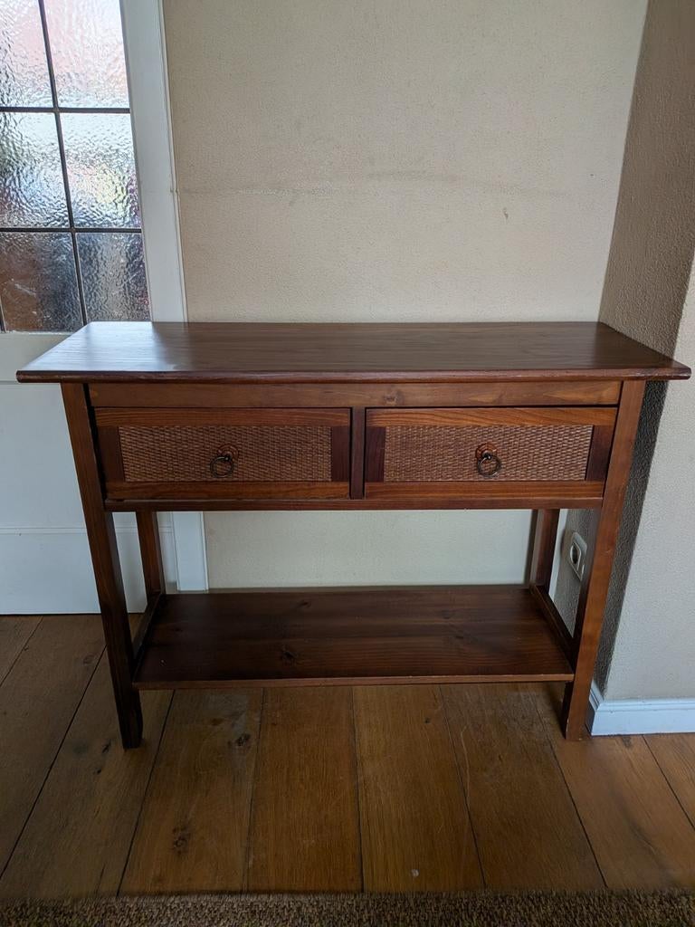 Houten sidetable of consoletafel met twee lades, Ophalen, 25 tot 50 cm, Rechthoekig, 100 tot 150 cm