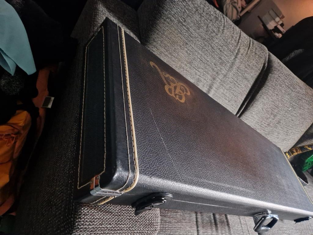 Vintage bas/gitaarkoffer met blauwe pluche binnenkant, Muziek en Instrumenten, Behuizingen en Koffers, Ophalen of Verzenden, Gebruikt