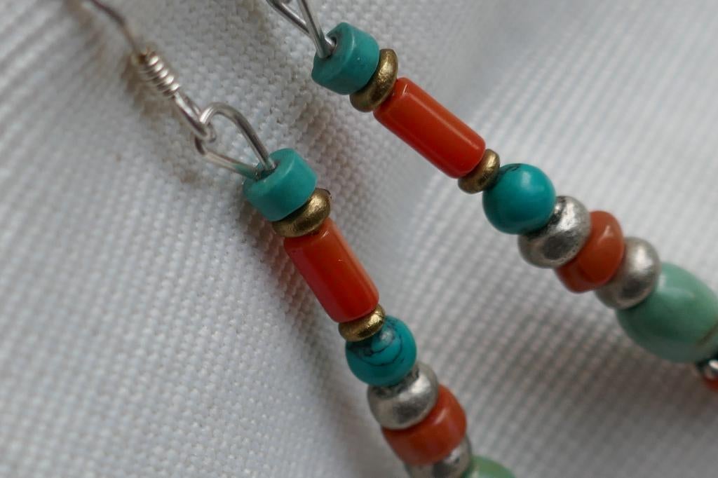 Oorbellen/hangers van zilver met turkoois en bloedkoraal, Sieraden, Tassen en Uiterlijk, Oorbellen, Hangers, Overige kleuren, Verzenden