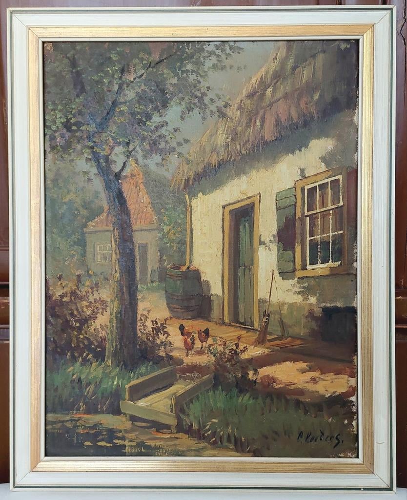 Schilderij kippen jr 50 olieverf doek gesigneerd, Antiek en Kunst, Ophalen of Verzenden