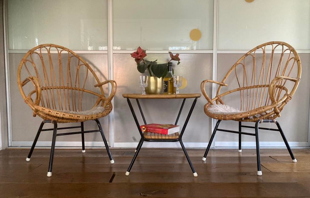 Vintage retro rotan tuinset kuipstoel en tafel Rohe, Ophalen, Gebruikt, Rotan, Stapelbaar