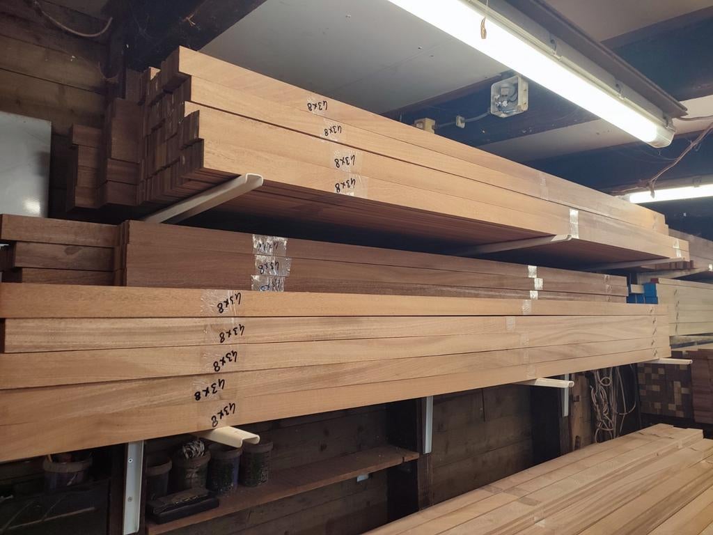 Mahonie hardhouten latten 43x8mm div. lengtes, Doe-het-zelf en Verbouw, Hout en Planken, Minder dan 25 mm, Nieuw, Ophalen of Verzenden