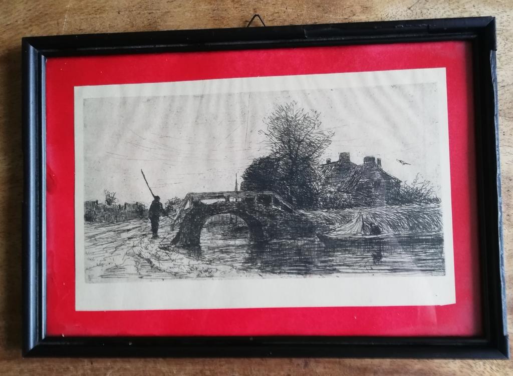 Boer bij brug. Litho. Gemonogrammeerd. Ca 1900. 34/24 cm., Ophalen