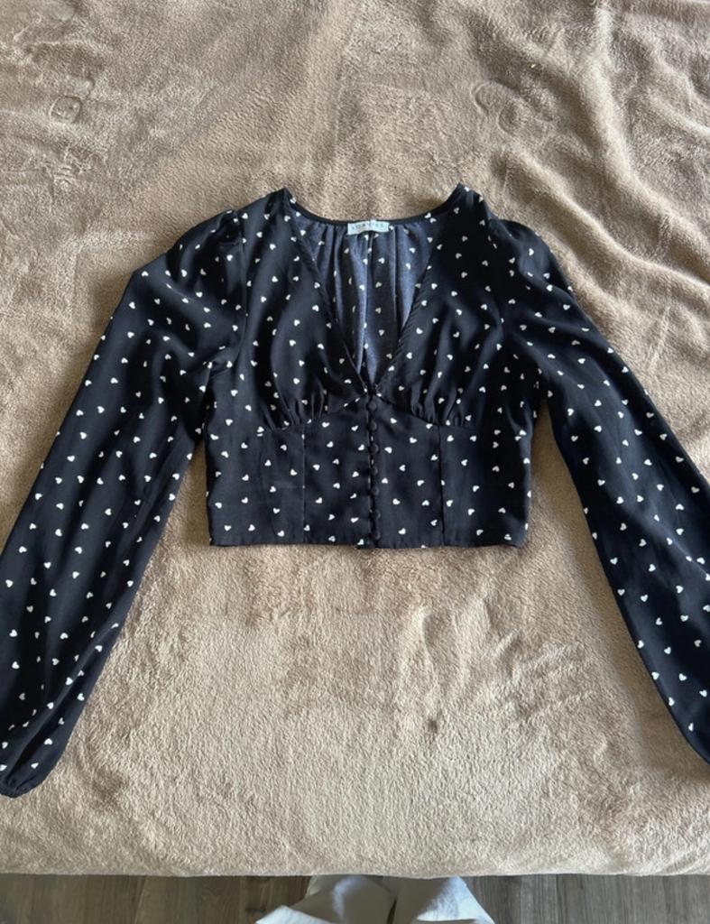 Loavies top zwart wit hartjes maat XS, Zwart, Ophalen of Verzenden, Zo goed als nieuw, Lange mouw