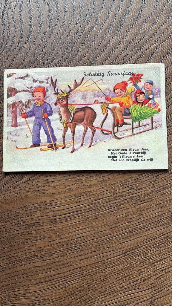 Nieuwjaar. Hert trekt slee met kinderen.Gedichtje.kind/ski’s, Ophalen of Verzenden, 1920 tot 1940, Gelopen