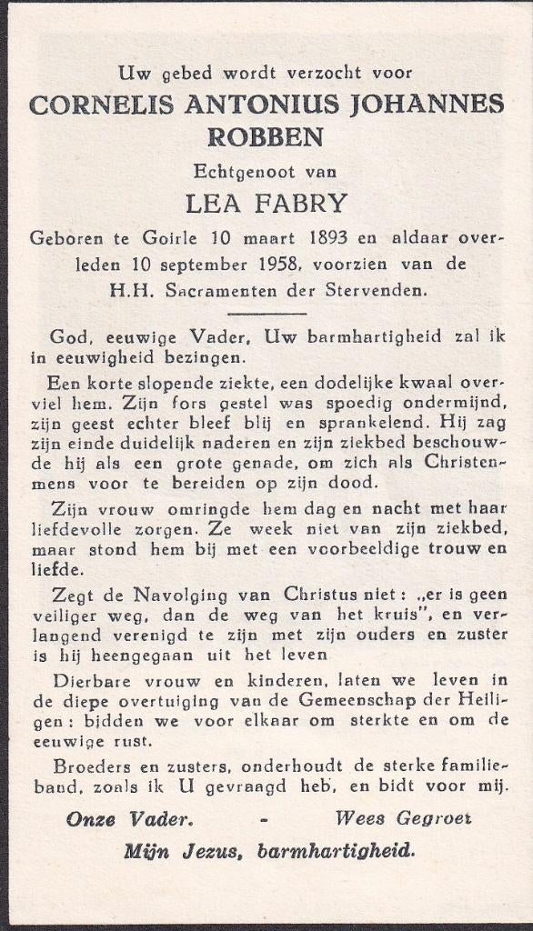 Robben Cornelis 1893 Goirle 1958, Ophalen of Verzenden, Bidprentje