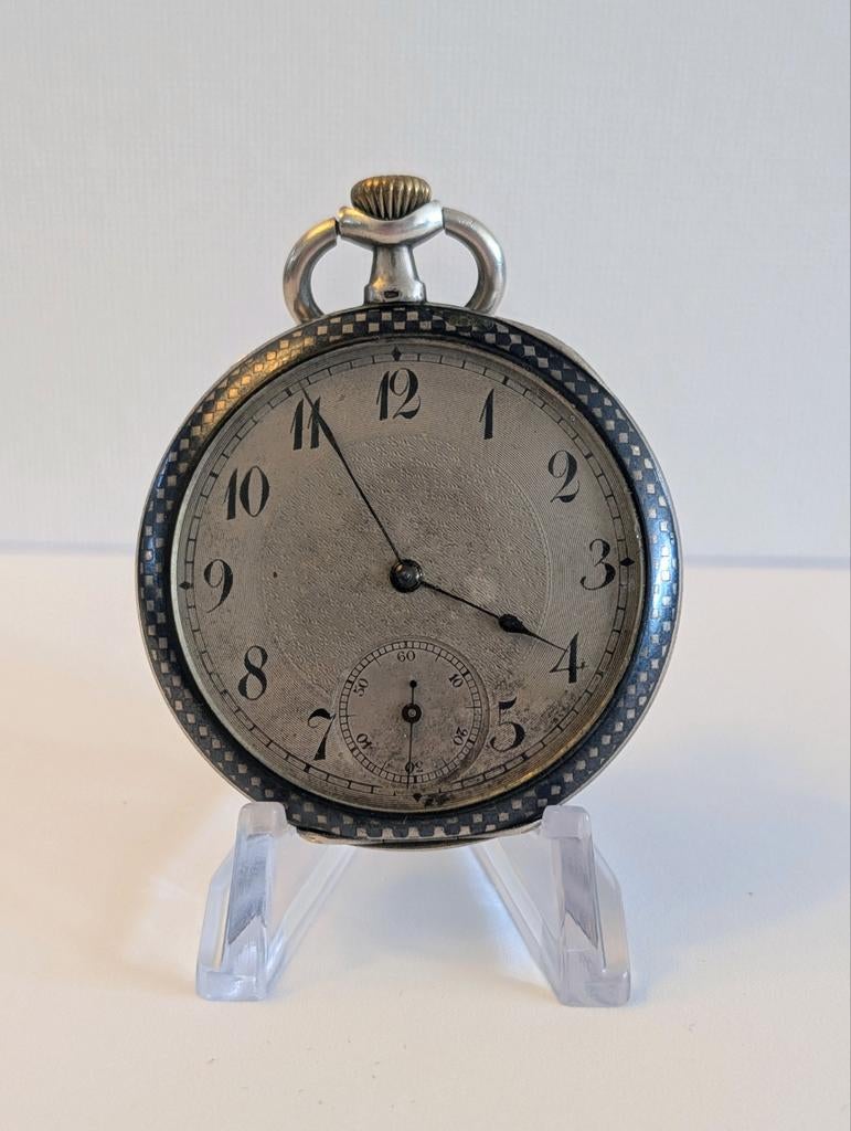 Huguenin Frères Niello Zilveren Zakhorloge - Art Nouveau, Antiek en Kunst, Ophalen of Verzenden