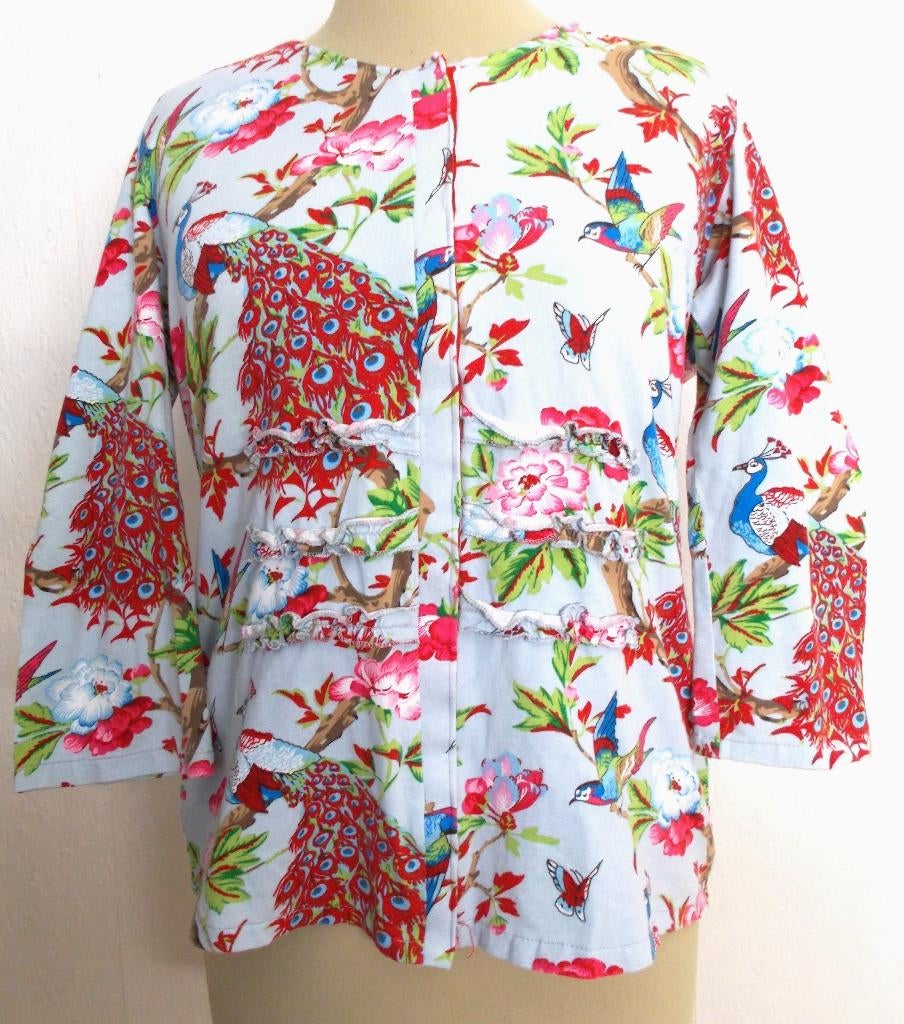 Apart pauwen/vlinder/vogel print handgemaakt vestje! L, Maat 42/44 (L), Zo goed als nieuw, Lange mouw, Verzenden