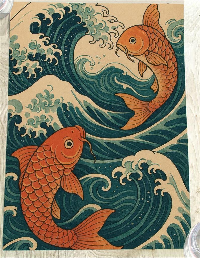 Koi Vissen Japanese Kunst Poster affiche Ukiyo-E, Ophalen of Verzenden