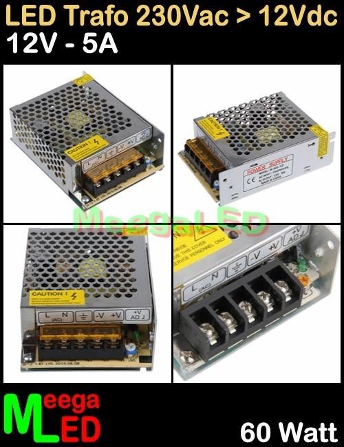LED Trafo Voeding Adapter Driver - 230V > 12V - 5A = 60W - O, Ophalen of Verzenden, Nieuw, LEDtrafo