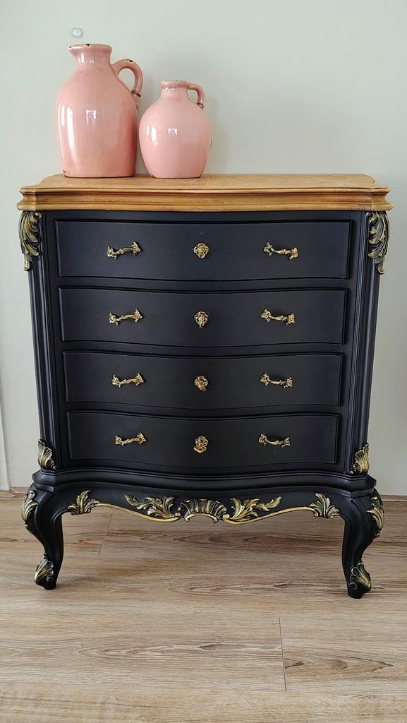 Zwarte antieke ladenkast met marqueterie (inlegwerk) in blad, Huis en Inrichting, Kasten | Ladekasten, Ophalen, Brocante, antiek, vintage, kastje, kast, commode, dressior