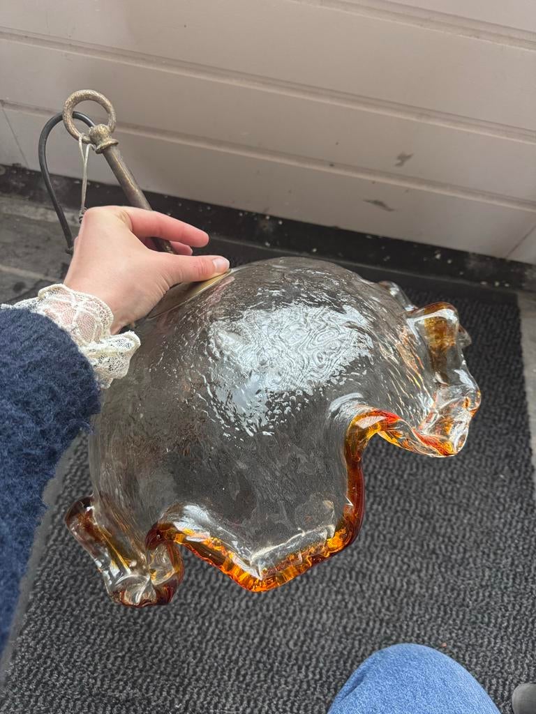 Vintage Murano hanglamp met amberkleurige rand, Antiek en Kunst, Antiek | Lampen, Ophalen