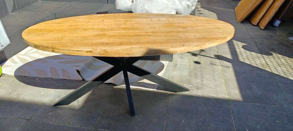Ovaal mangohouten eettafel 180x90 met zwarte spinpoot #18, Nieuw, Vijf personen of meer, 150 tot 200 cm, Ovaal