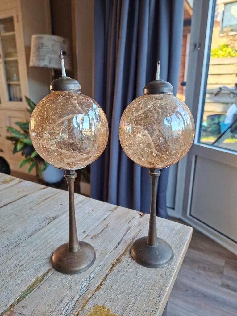 Set van 2 vintage olielampen met craquelé glas, Ophalen of Verzenden