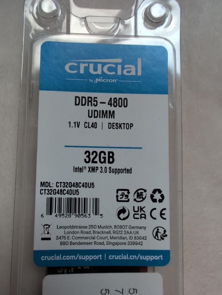 Crucial 1x32GB DDR5 4800MHz (CT32G48C40U5), 32 GB, Nieuw, Ophalen of Verzenden, Desktop