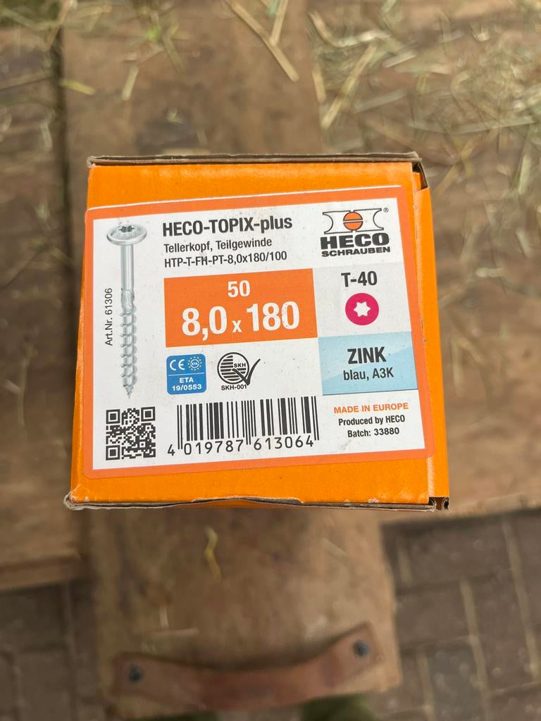 Volle doos Heco Topix Plus schroeven 8,0x180 (50 stuks), Ophalen, Nieuw, 100 tot 250 mm, Schroeven