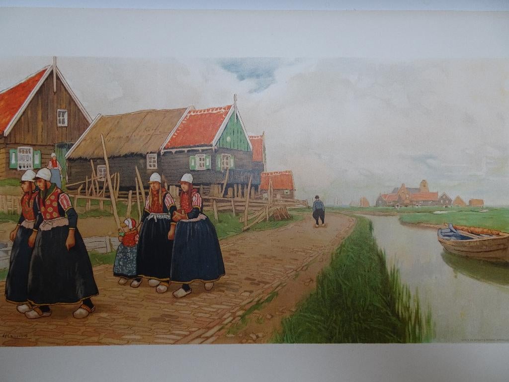 litho zicht op oude Marken, klederdracht, H. Cassiers 1900, Antiek en Kunst, Verzenden