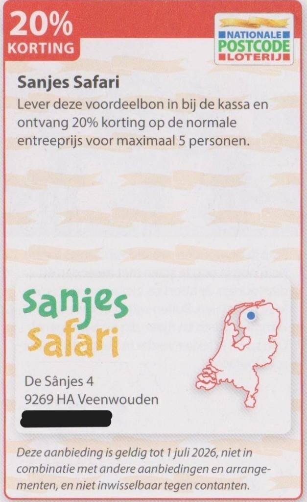 Sanjes Safari. Veenwouden. 20% korting. Postcodeloterij bon., Drie personen of meer, Kortingskaart