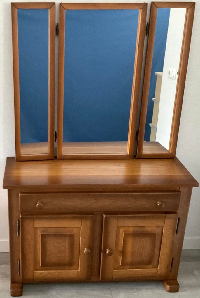 Massief eiken patiné kast met 3 delige spiegel, Ophalen, 50 tot 100 cm, Zo goed als nieuw, Glas