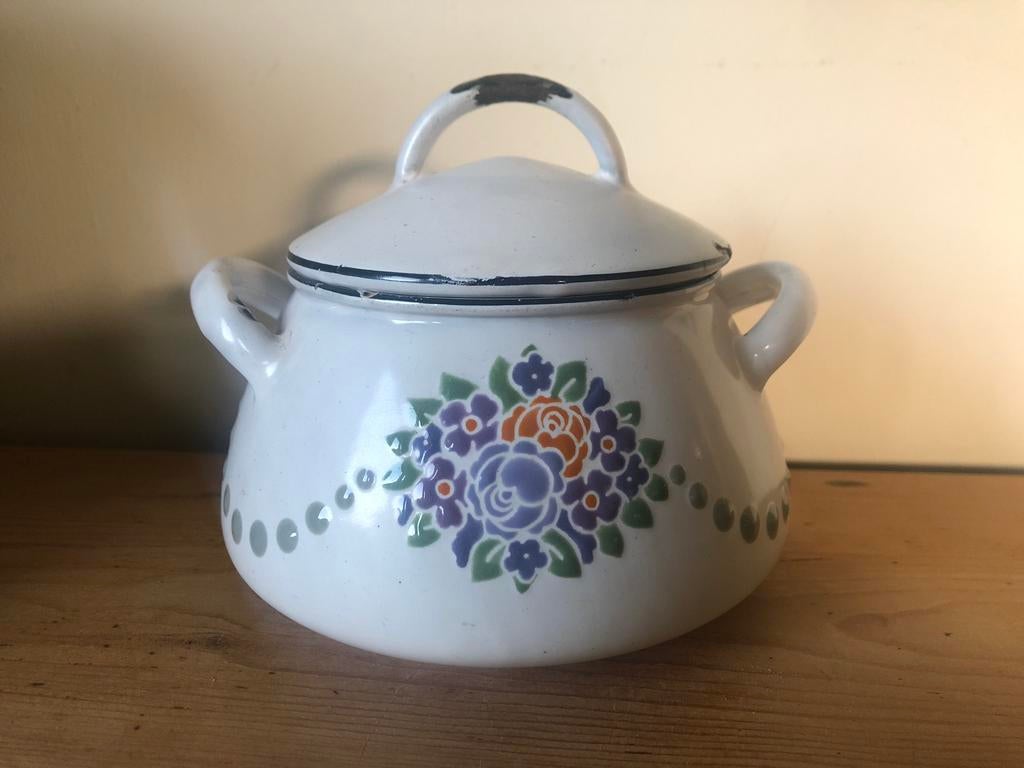 Emaille suikerpot met deksel en dik opgelegde bloemen, Ophalen of Verzenden