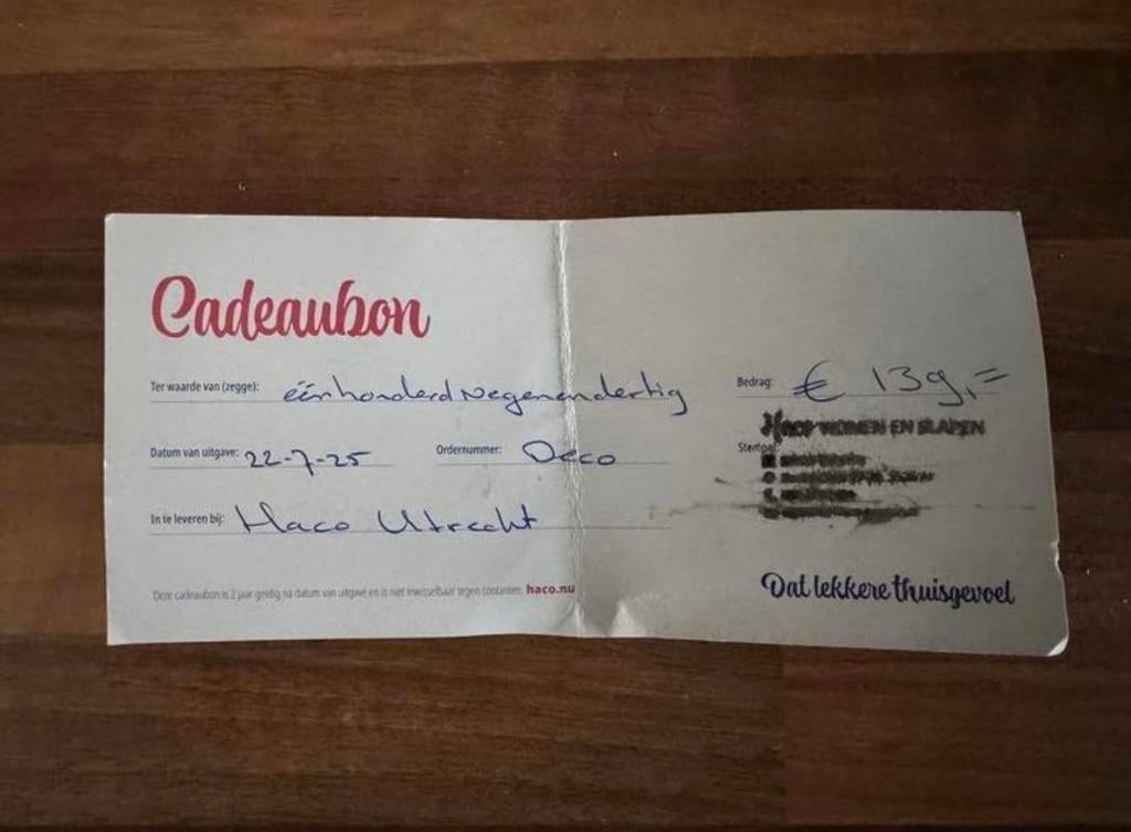 Haco waardenbon 139,-, Eén persoon, Cadeaubon