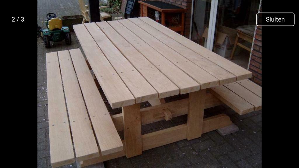 Picknicktafel handgemaakt eiken zwaar, Ophalen, Zo goed als nieuw, Rechthoekig, Hout