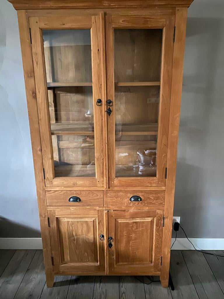 Teakhouten Kast met Glazen Deuren en Lades - 190x90x40 cm, Huis en Inrichting, Ophalen, Gebruikt, Teakhout, 50 tot 100 cm
