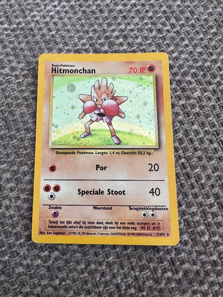 Hitmonchan holo kaart 7/102 1995, Ophalen of Verzenden, Gebruikt, Losse kaart, Foil