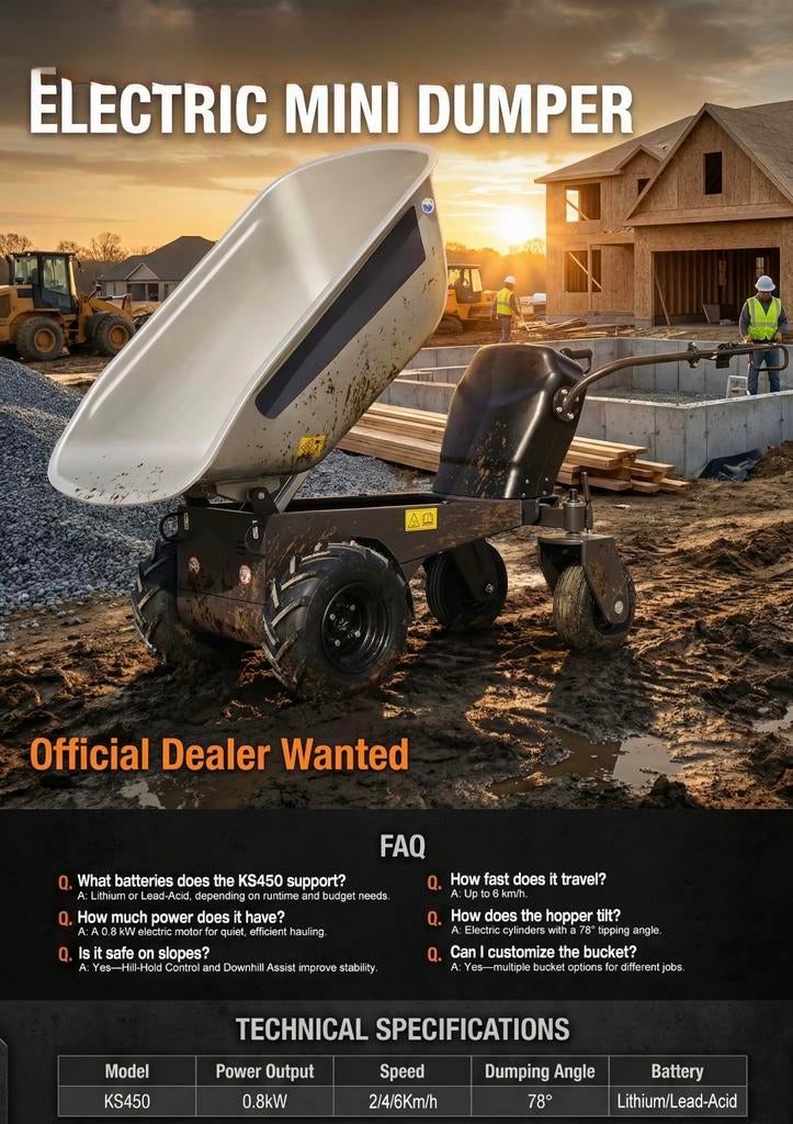 Elektrische minidumper 800W, 450 kg laadvermogen, Ophalen, Gebruikt, Elektrisch, Tweewielig