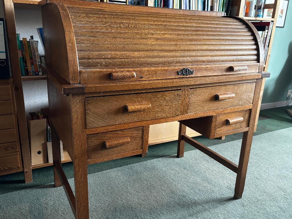 Antiek secretaire met rolluik (tambour) & bijpassende kruk, Huis en Inrichting, Kasten | Secretaires, Ophalen, Gebruikt, Antiek, klassiek