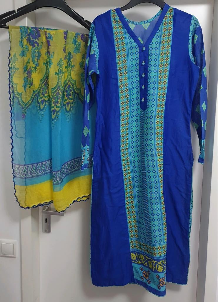 Blauw-gele Indiase Kamiz Dupatta - Maat S Katoen, Overige typen, Blauw, Ophalen of Verzenden, Maat 36 (S)