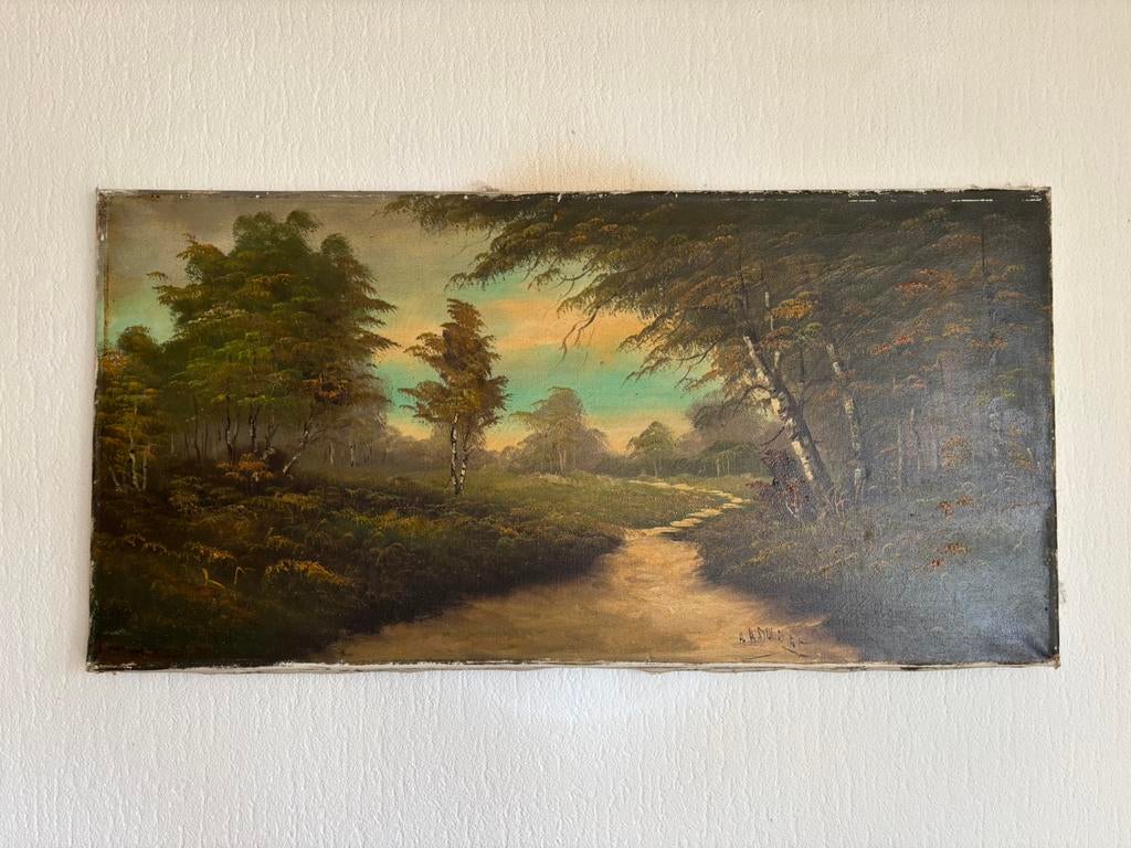 Antiek Landschapsschilderij op doek - 40x80 cm - Olieverf, Antiek en Kunst, Kunst | Schilderijen | Klassiek, Ophalen