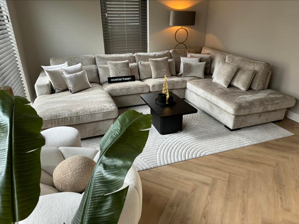 Luxe Velvet Teddy U-Bank Costa 195x370x250cm Beige Sand NEW, Info@oosterbaanwonen.nl, Venus 31 8448CE Heerenveen, Hoekbank, Ophalen of Verzenden