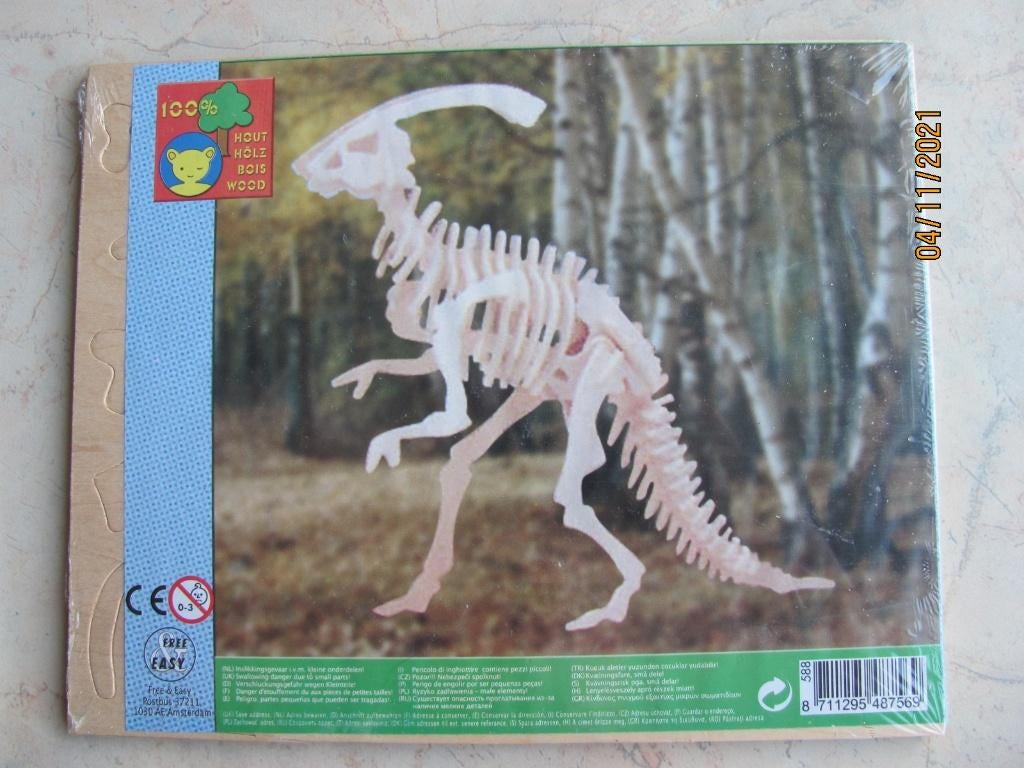 NIEUW hout dier 3D PUZZEL Parasaurolophus SKELET dinosaurus, Ophalen of Verzenden, Nieuw, 1:50 of kleiner, Figuur of Figuren