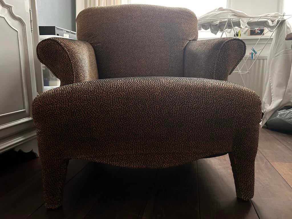 Comfortabele leuke fauteuil/stoel met panter print, Huis en Inrichting, Fauteuils, Zo goed als nieuw, Stof, 75 tot 100 cm, 75 tot 100 cm