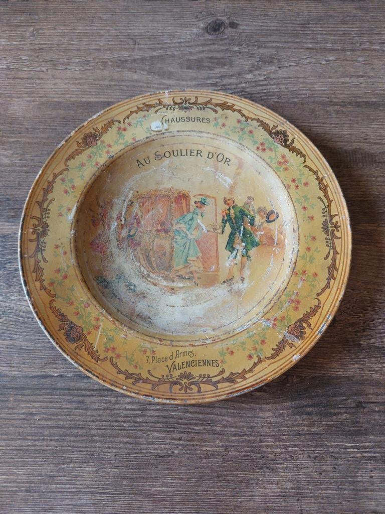 Vintage Decoratieve Tin Schotel 'Au Soulier D'Or', Ophalen of Verzenden