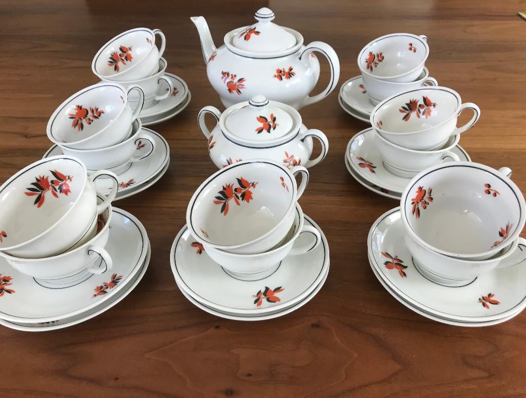 Theeservies van Mosa, wit met zwart/oranje bloemetjes, Ophalen of Verzenden