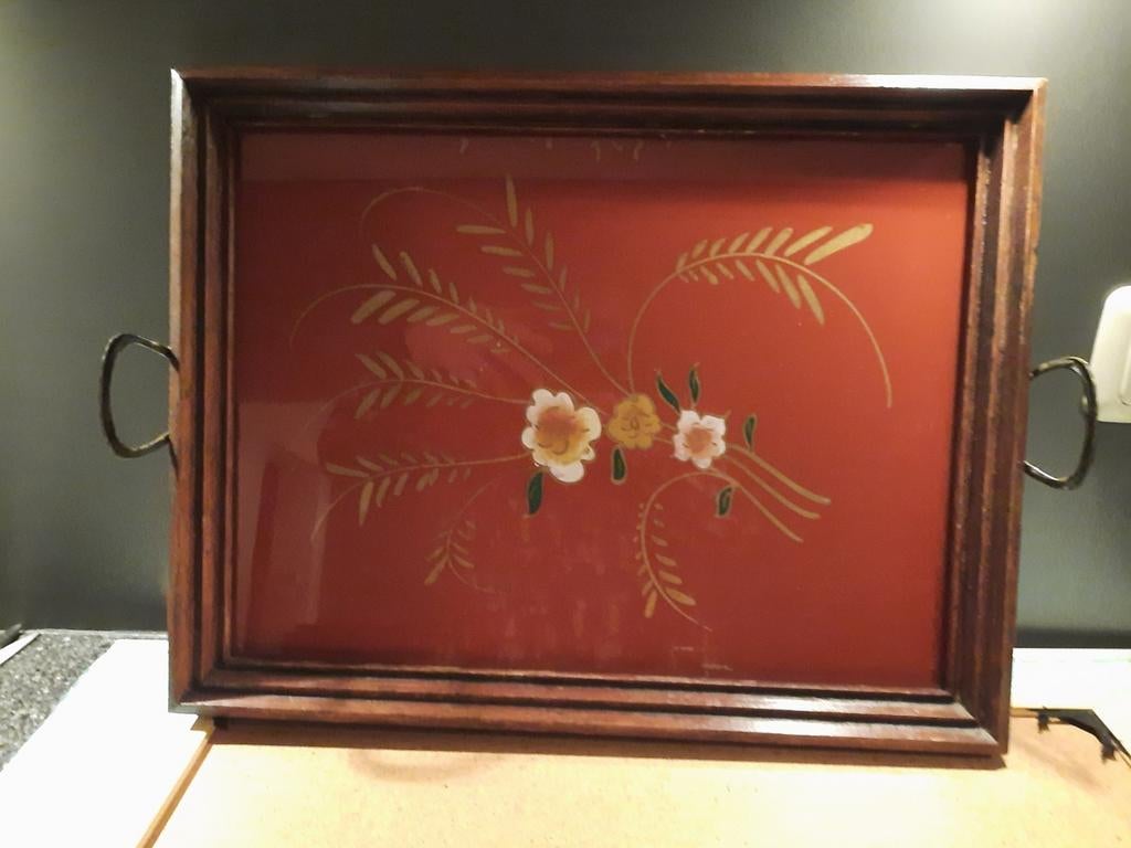 Houten dienblad met bloemmotief, Ophalen of Verzenden, Gebruikt, Rechthoekig, Hout