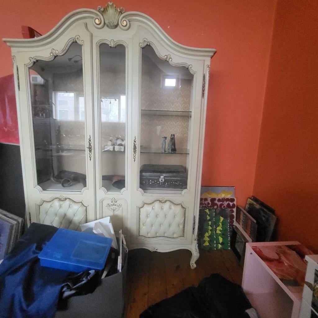 Mooie Brocante Kast met Glas, Ophalen, 100 tot 150 cm, Glas, 150 tot 200 cm