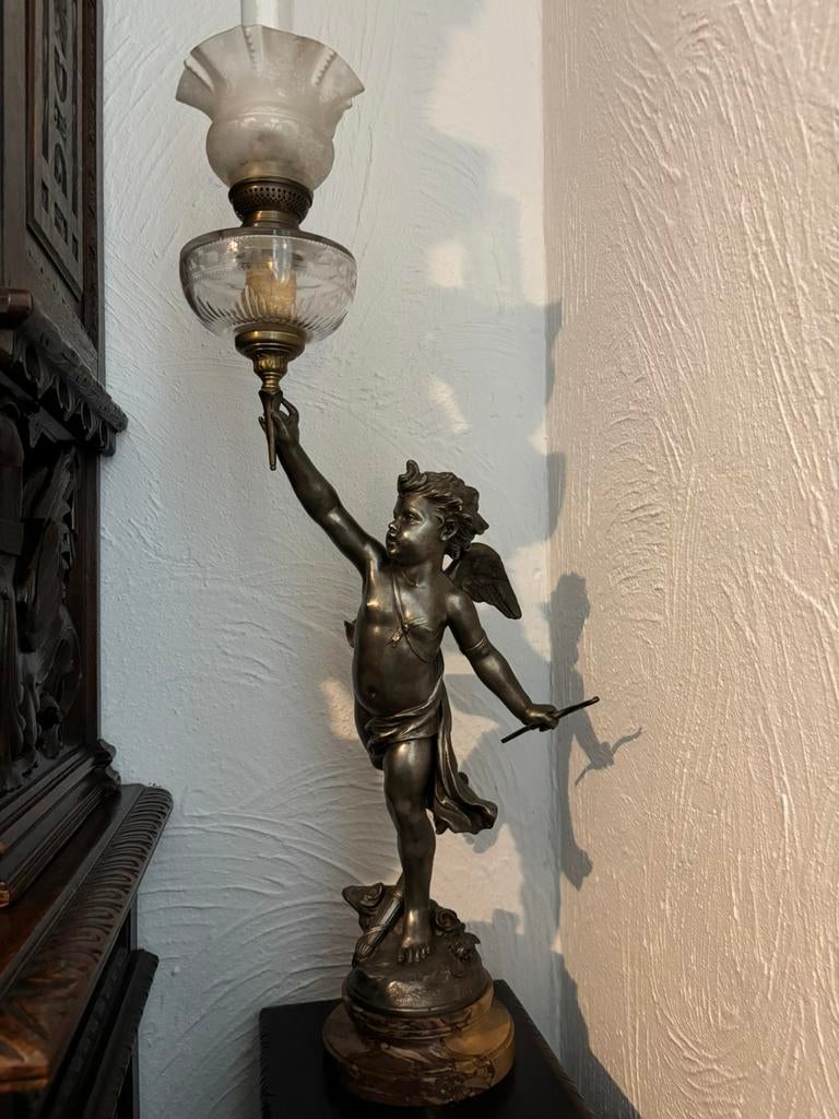 Gepatineerd bronzen beeld van engel met lamp, Antiek en Kunst, Ophalen