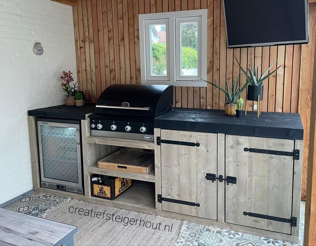 Houten buitenkeuken gas bbq koelkast mancave steigerhout, Ophalen of Verzenden, Nieuw